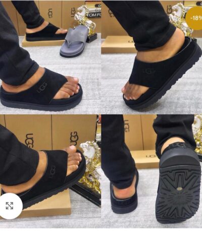 Close-up shots of a person wearing black UGG suede slide sandals, showcasing the shoe's design and comfort.
