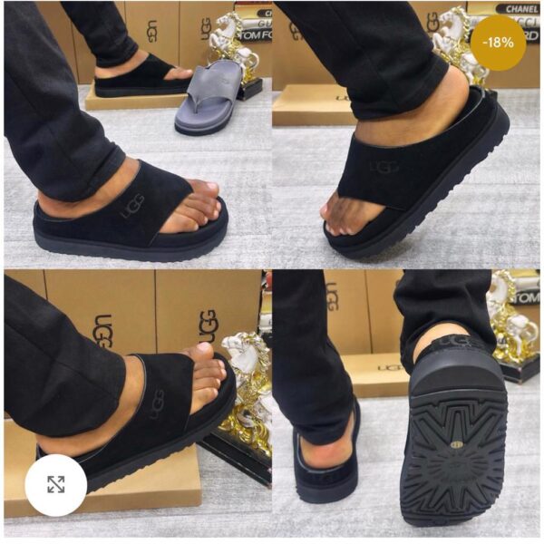 Close-up shots of a person wearing black UGG suede slide sandals, showcasing the shoe's design and comfort.