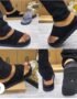 Close-up shots of a person wearing black UGG suede slide sandals, showcasing the shoe's design and comfort.