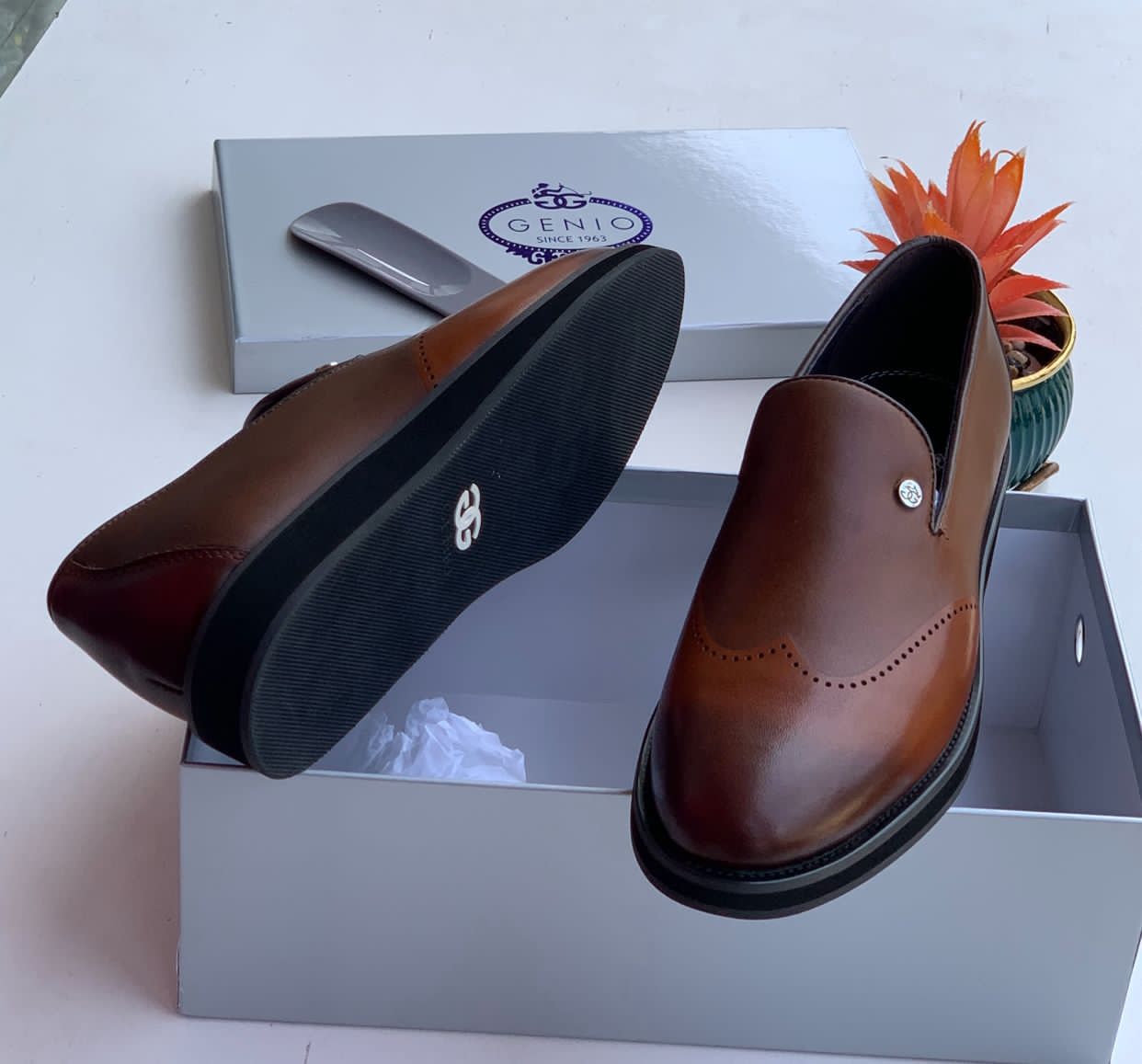 IMG-20260425-WA0030 A pair of luxurious brown leather loafers with black soles, displayed in an open gray shoe box with the GENIO logo, accompanied by a shoe tree and a vibrant orange plant.