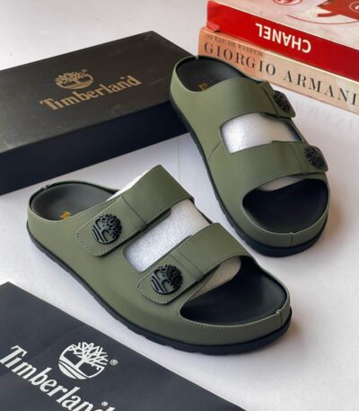 A pair of olive green Timberland sandals with black soles and logo buckles, displayed with their box and packaging on a white surface.