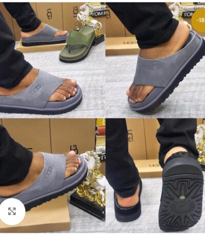 Close-up views of a person wearing gray UGG suede slide sandals, showcasing the shoe's design and comfort.