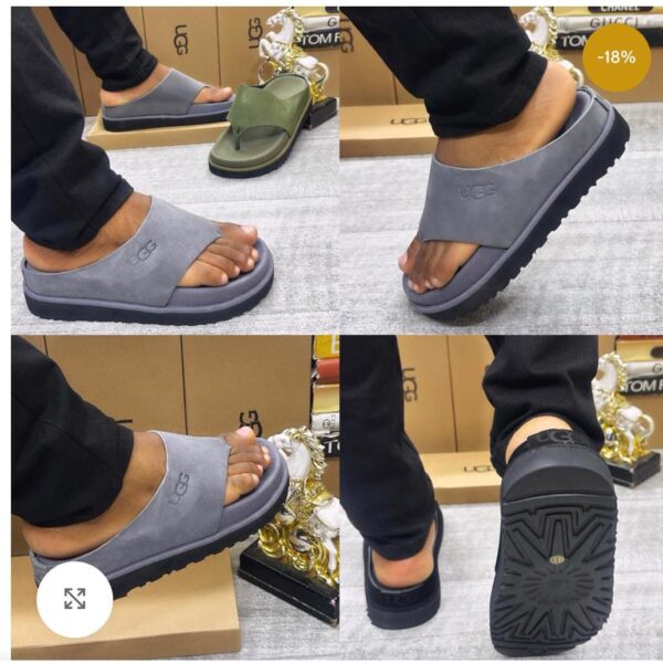 Close-up views of a person wearing gray UGG suede slide sandals, showcasing the shoe's design and comfort.