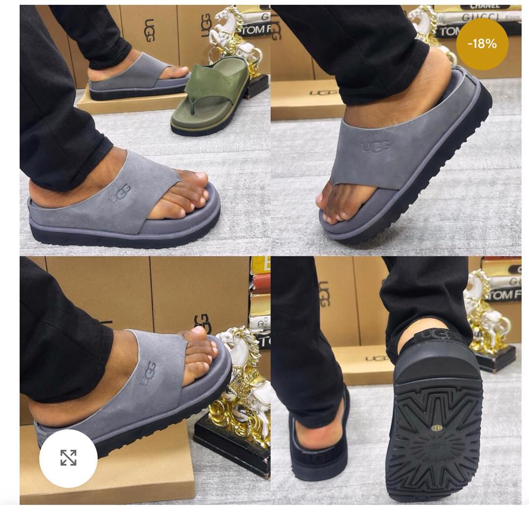 IMG-20260425-WA0046 Close-up views of a person wearing gray UGG suede slide sandals, showcasing the shoe's design and comfort.