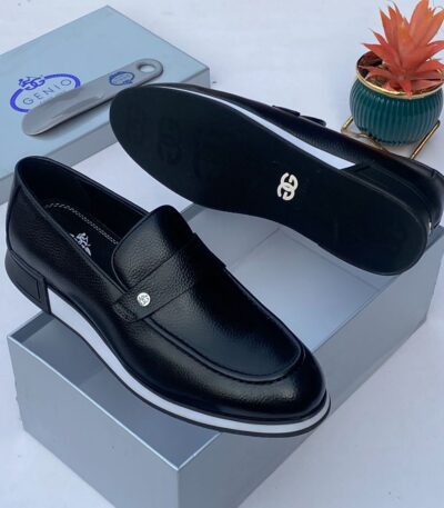 A pair of black leather loafers with white sole and silver logo on a shoe box with a plant in the background.