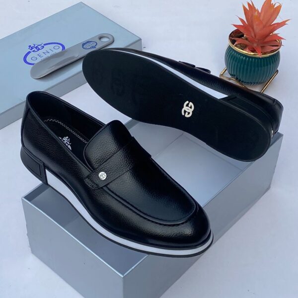 A pair of black leather loafers with white sole and silver logo on a shoe box with a plant in the background.