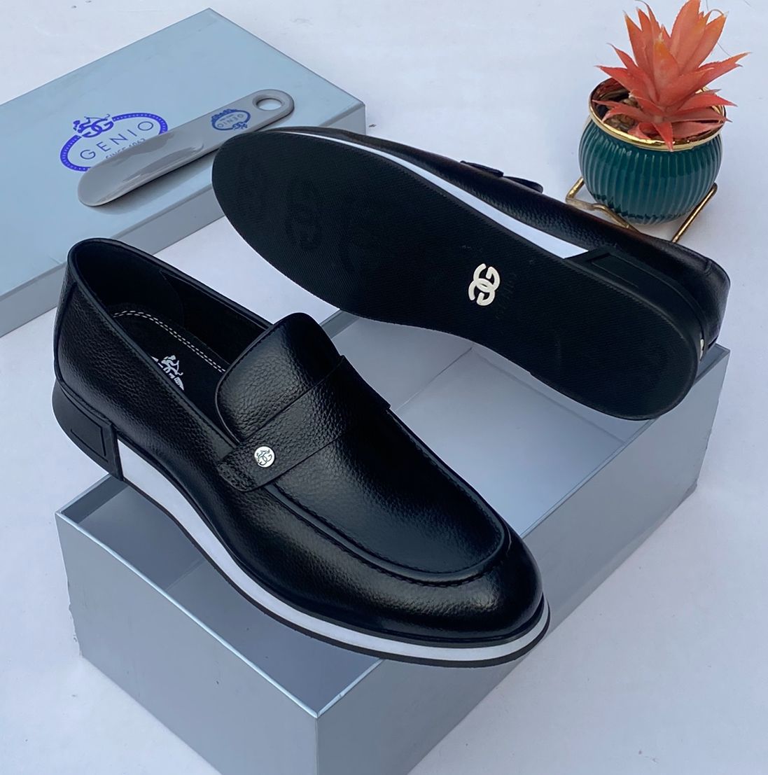 IMG-20260425-WA0050 A pair of black leather loafers with white sole and silver logo on a shoe box with a plant in the background.