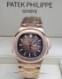 A rose gold Patek Philippe Nautilus watch with a brown dial, displayed in a white box, showcasing its sleek design and luxurious appeal.