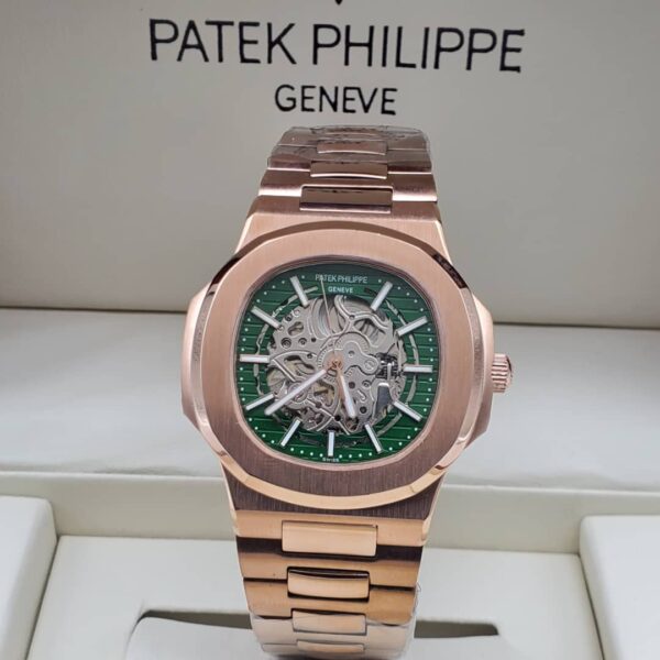 A rose gold Patek Philippe Geneve watch with a green dial, showcasing its intricate mechanical details, presented in a luxurious setting.