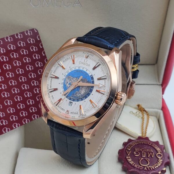A luxurious Omega Worldtime watch with a rose gold case and blue leather strap, presented in an elegant box with a red and gold seal, perfect for those seeking a high-end accessory in Nigeria.